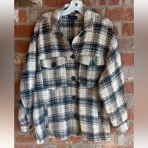 ZARA Textured Ivory Tan & Black Plaid Button Jacket Size Small NWOT